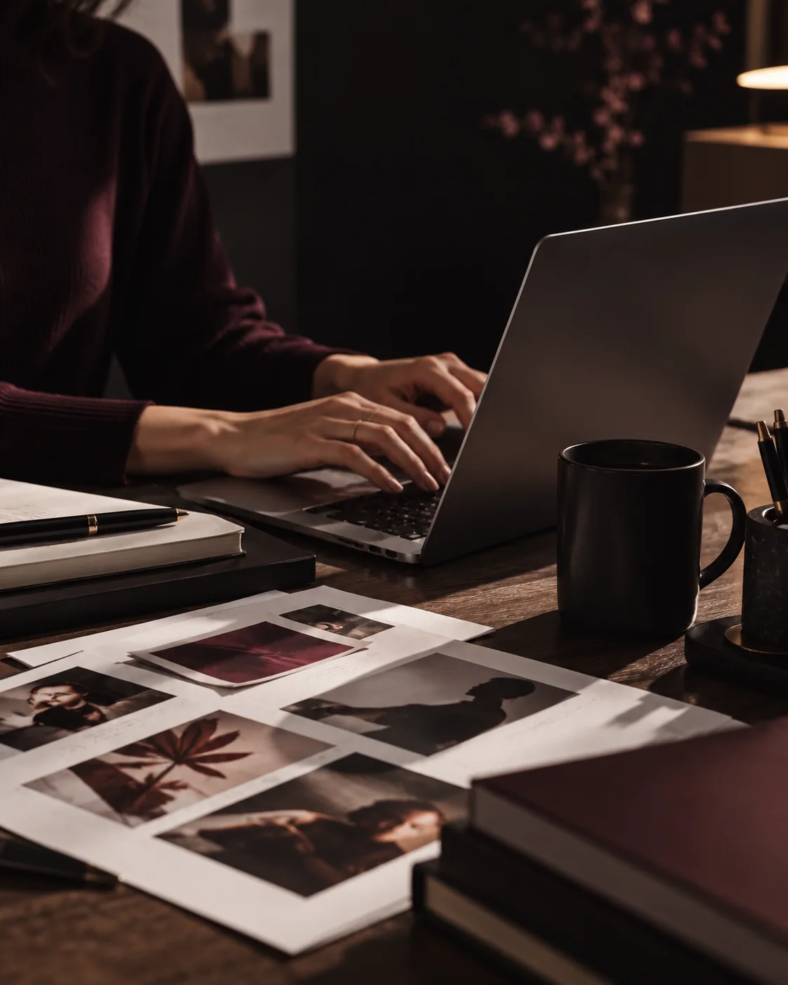 A marketing strategist working on a media plan at a dark studio desk
