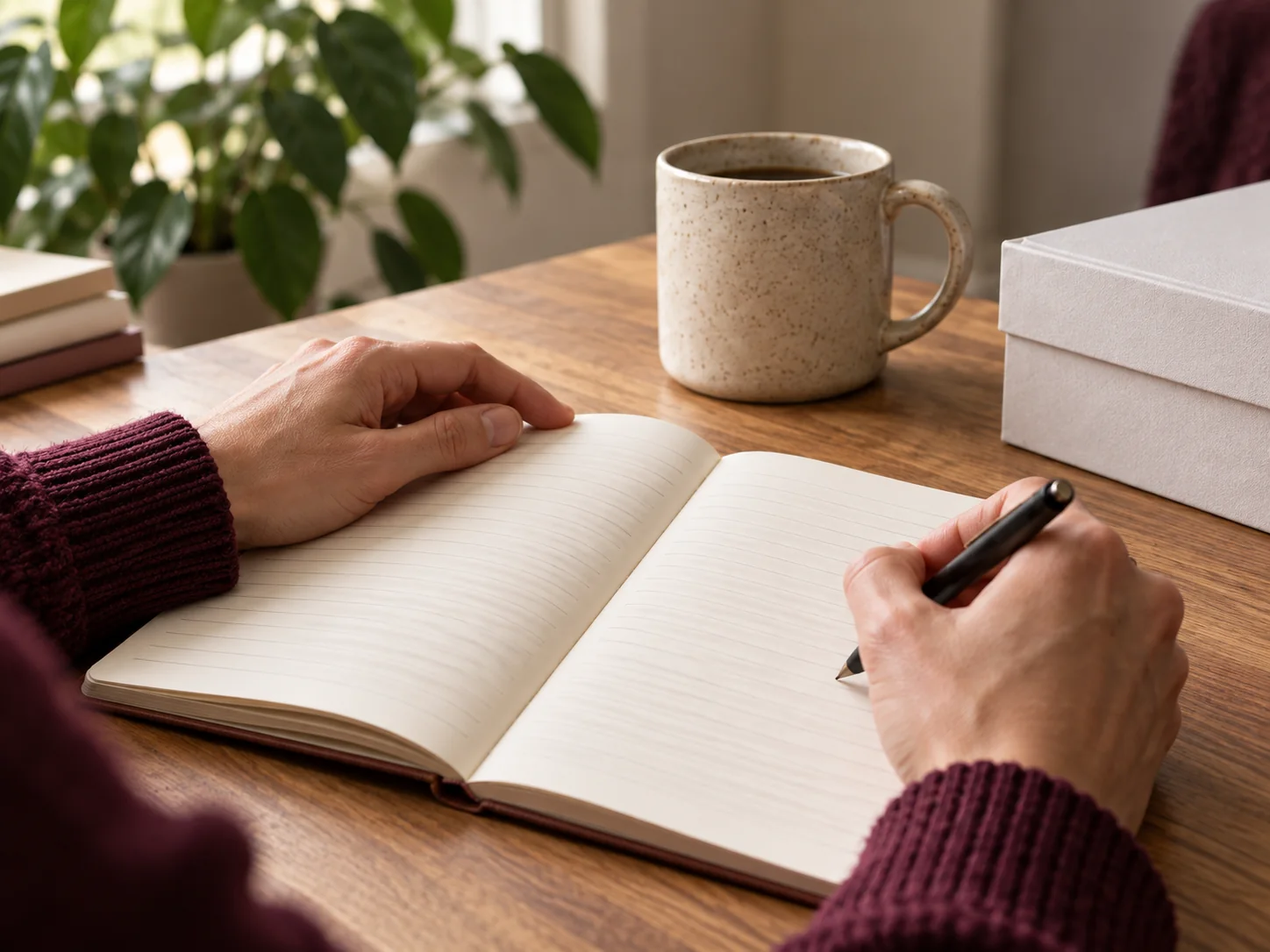 Hands documenting campaign decisions in a notebook